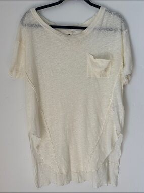 Free People We The Free Linen Blend Raw Edge Pocket Tee Oversized Cream Top M